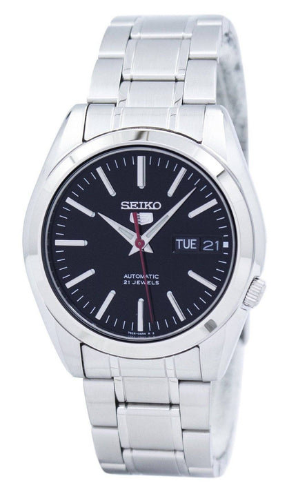 Seiko Automatic movement Black Stainless steel Male SNKL45K1. A brand-new Seiko watch featuring a Black dial and a Stainless steel strap. Side view.