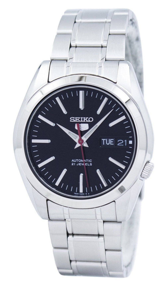 Seiko Automatic movement Black Stainless steel Male SNKL45K1. A brand-new Seiko watch featuring a Black dial and a Stainless steel strap. Side view.