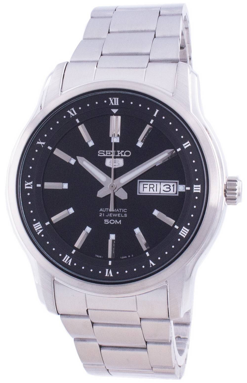 Seiko Automatic movement Black Stainless steel Male SNKP11K1. A brand-new Seiko watch featuring a Black dial and a Stainless steel strap. Angled view.