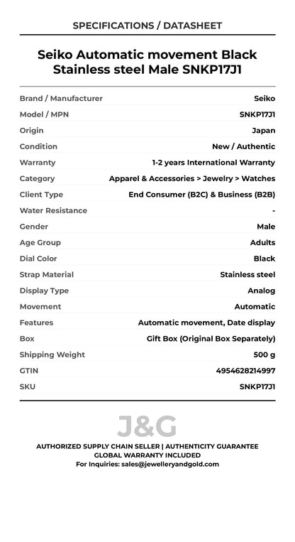 Seiko Automatic movement Black Stainless steel Male SNKP17J1 - Specifications