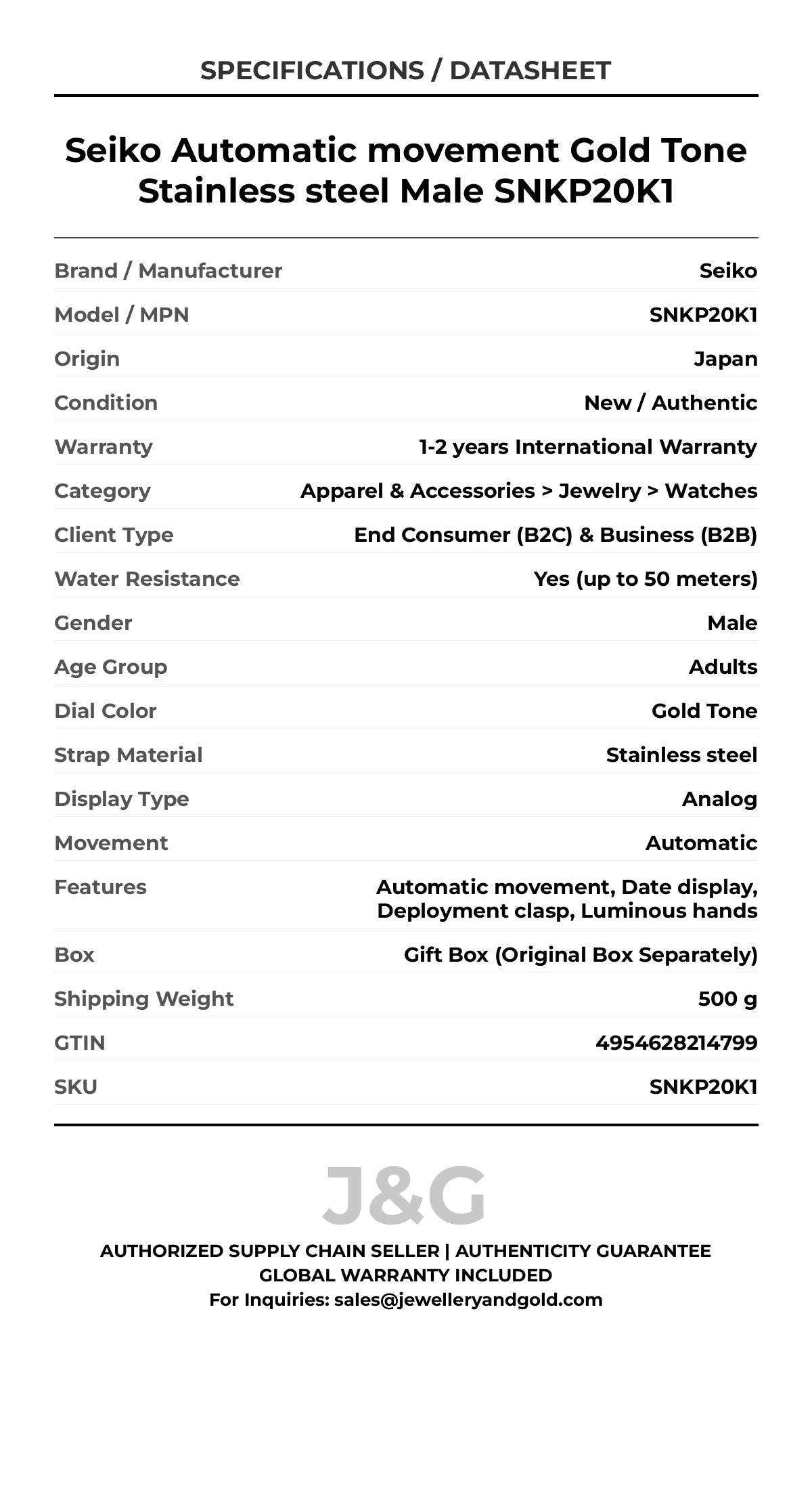 Seiko Automatic movement Gold Tone Stainless steel Male SNKP20K1 - Specifications