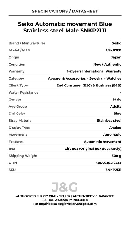 Seiko Automatic movement Blue Stainless steel Male SNKP21J1 - Specifications