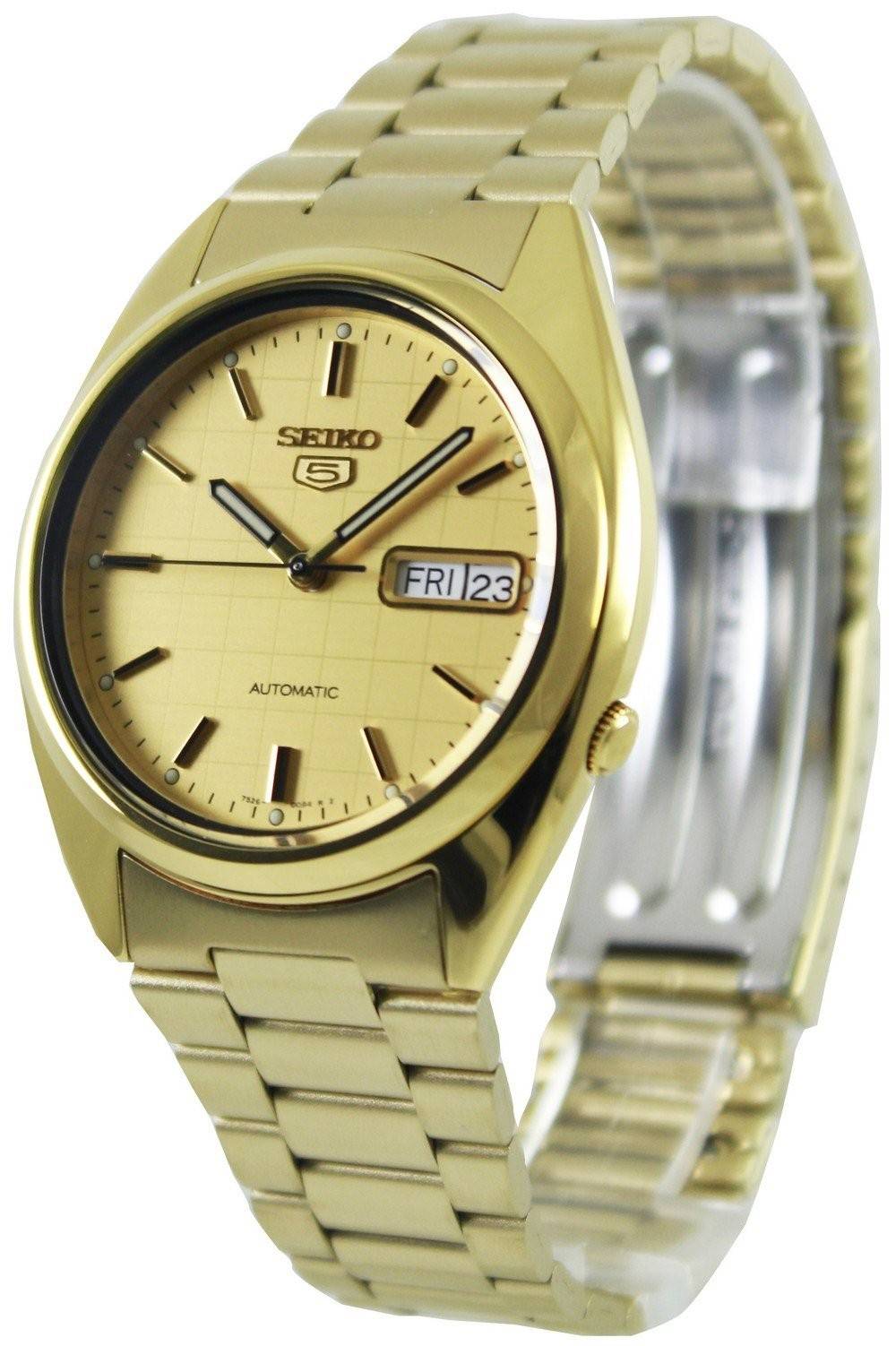 Seiko Automatic movement Gold Stainless steel Male SNXL72K1. A brand-new Seiko watch featuring a Gold dial and a Stainless steel strap. Angled view.