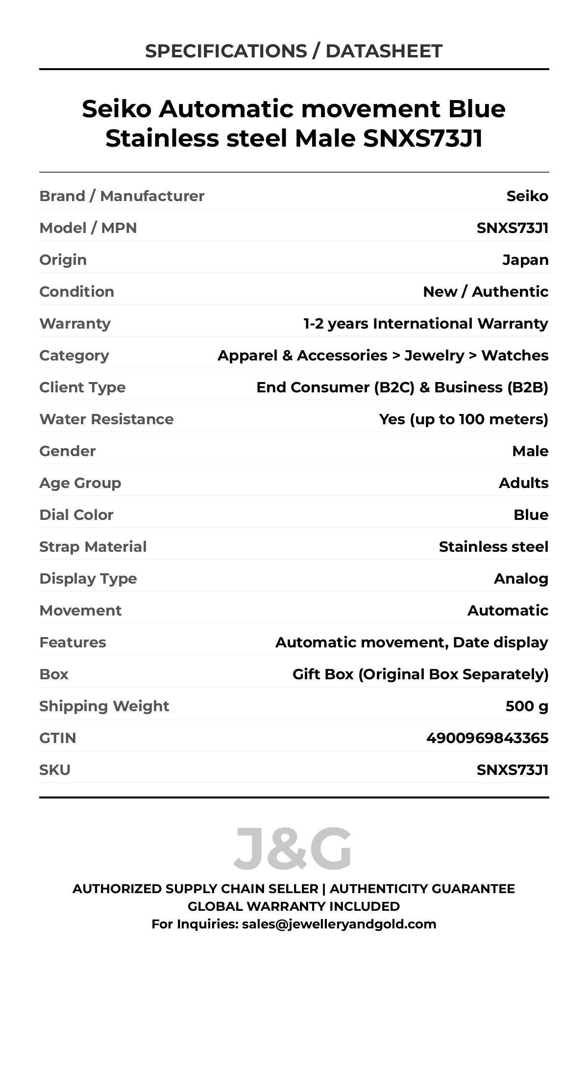 Seiko Automatic movement Blue Stainless steel Male SNXS73J1 - Specifications