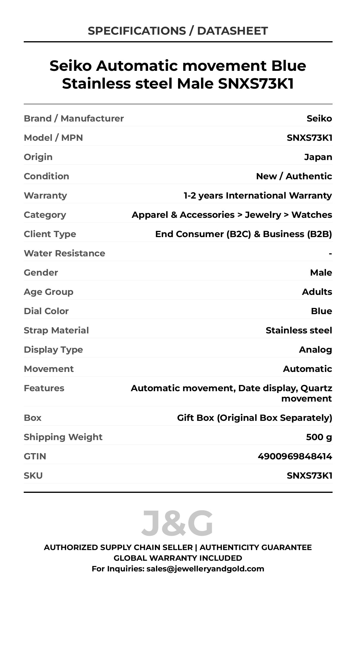 Seiko Automatic movement Blue Stainless steel Male SNXS73K1 - Specifications