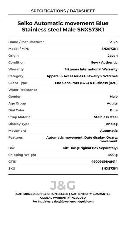 Seiko Automatic movement Blue Stainless steel Male SNXS73K1 - Specifications