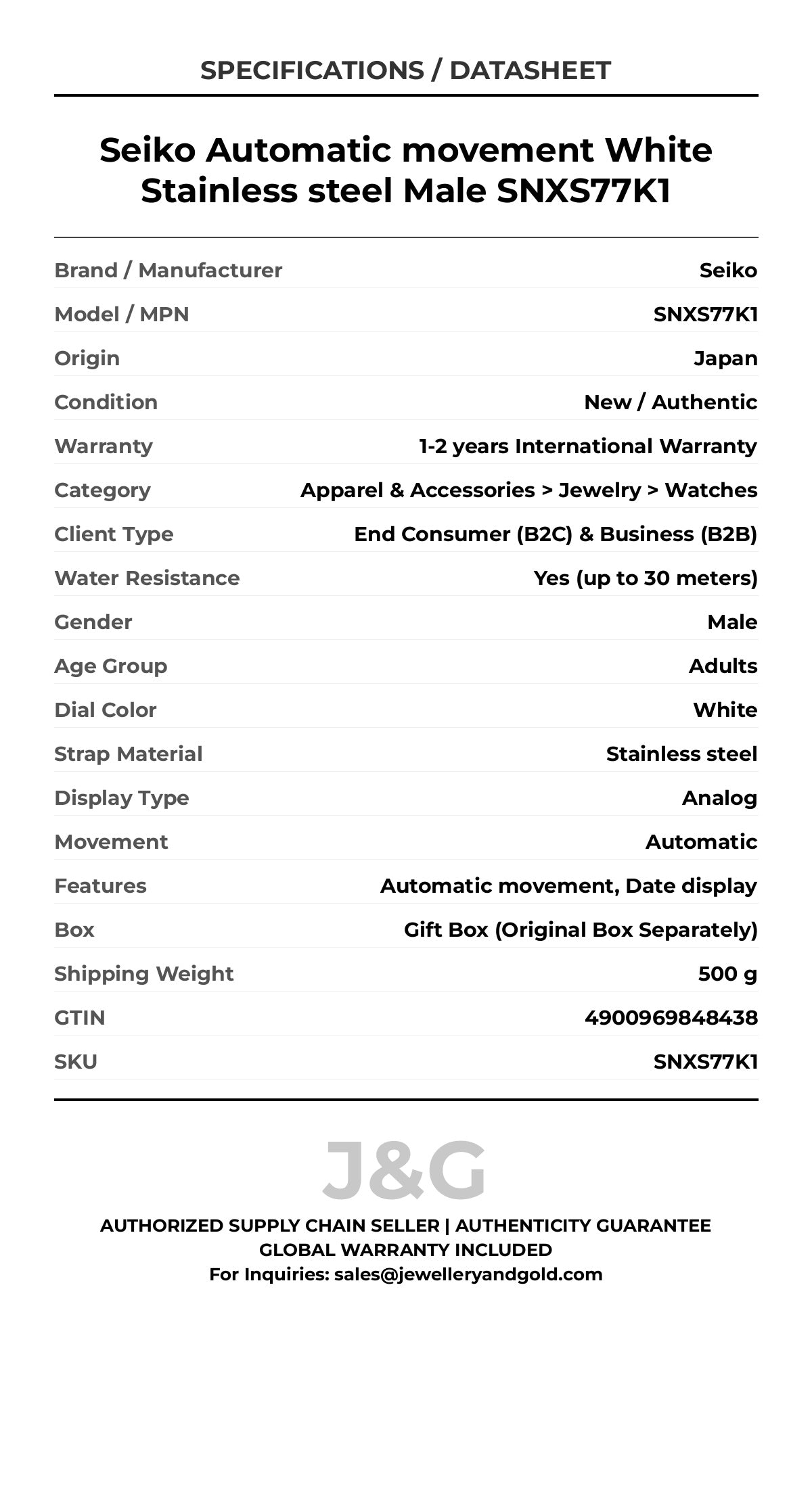 Seiko Automatic movement White Stainless steel Male SNXS77K1 - Specifications