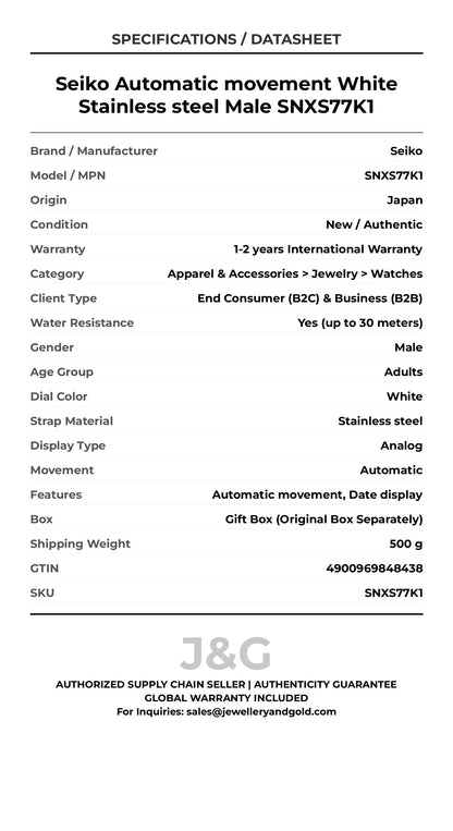 Seiko Automatic movement White Stainless steel Male SNXS77K1 - Specifications
