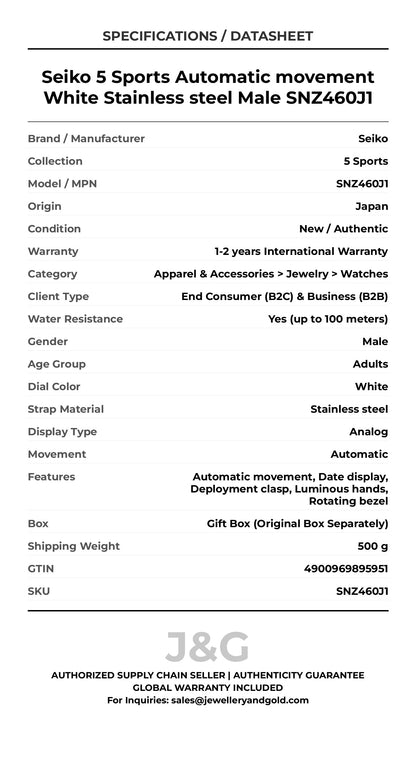 Seiko 5 Sports Automatic movement White Stainless steel Male SNZ460J1 - Specifications