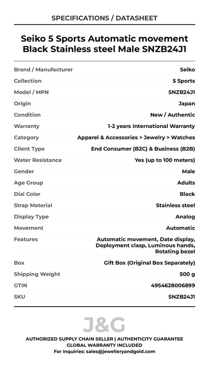 Seiko 5 Sports Automatic movement Black Stainless steel Male SNZB24J1 - Specifications