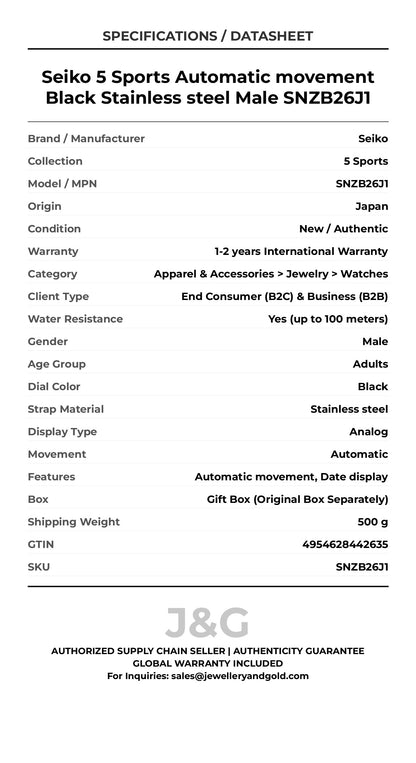 Seiko 5 Sports Automatic movement Black Stainless steel Male SNZB26J1 - Specifications