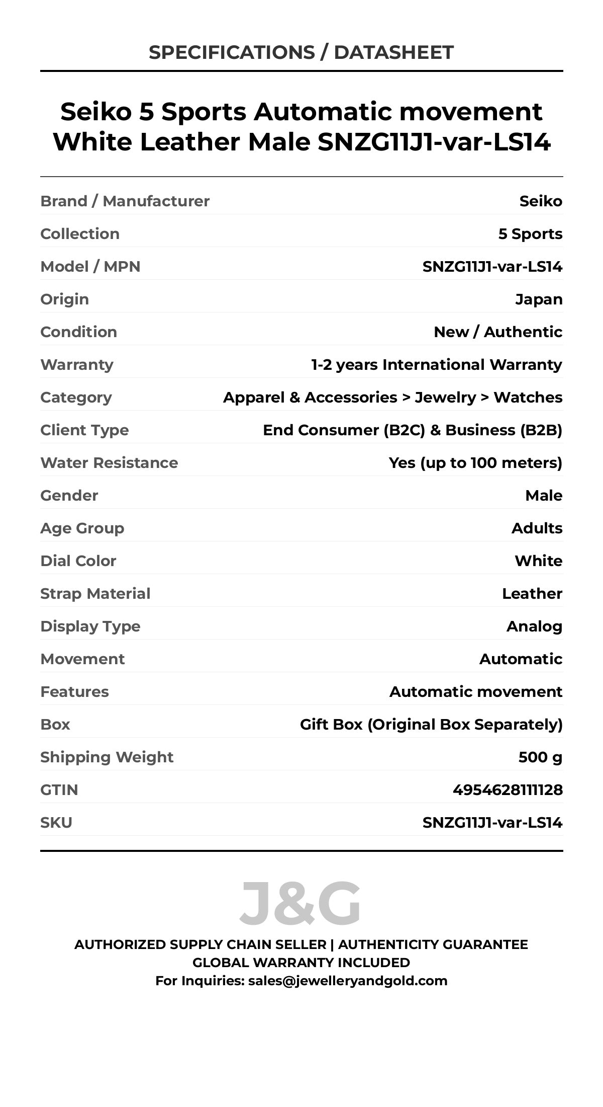 Seiko 5 Sports Automatic movement White Leather Male SNZG11J1-var-LS14 - Specifications