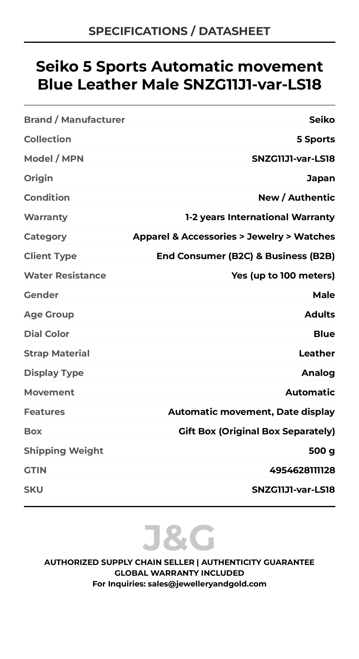 Seiko 5 Sports Automatic movement Blue Leather Male SNZG11J1-var-LS18 - Specifications