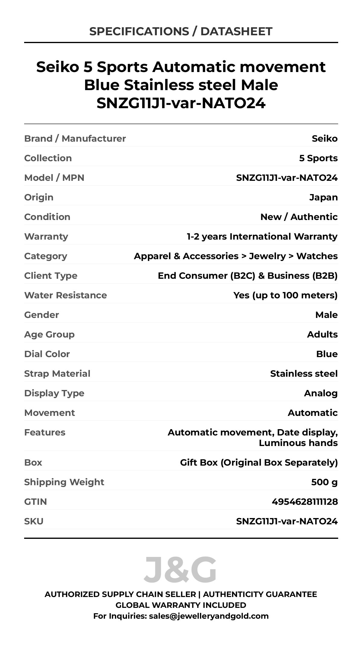 Seiko 5 Sports Automatic movement Blue Stainless steel Male SNZG11J1-var-NATO24 - Specifications