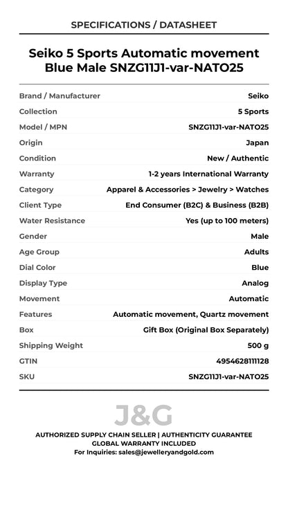 Seiko 5 Sports Automatic movement Blue Male SNZG11J1-var-NATO25 - Specifications