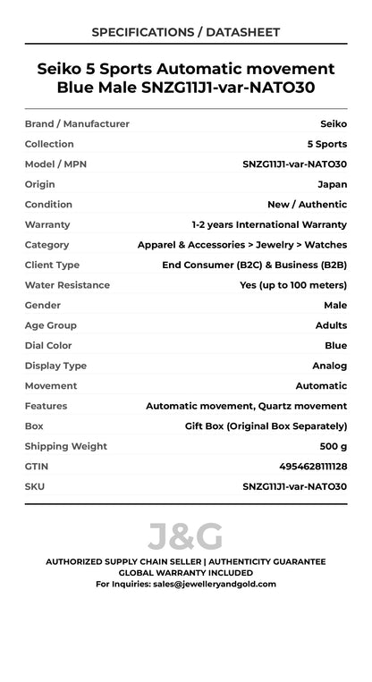 Seiko 5 Sports Automatic movement Blue Male SNZG11J1-var-NATO30 - Specifications