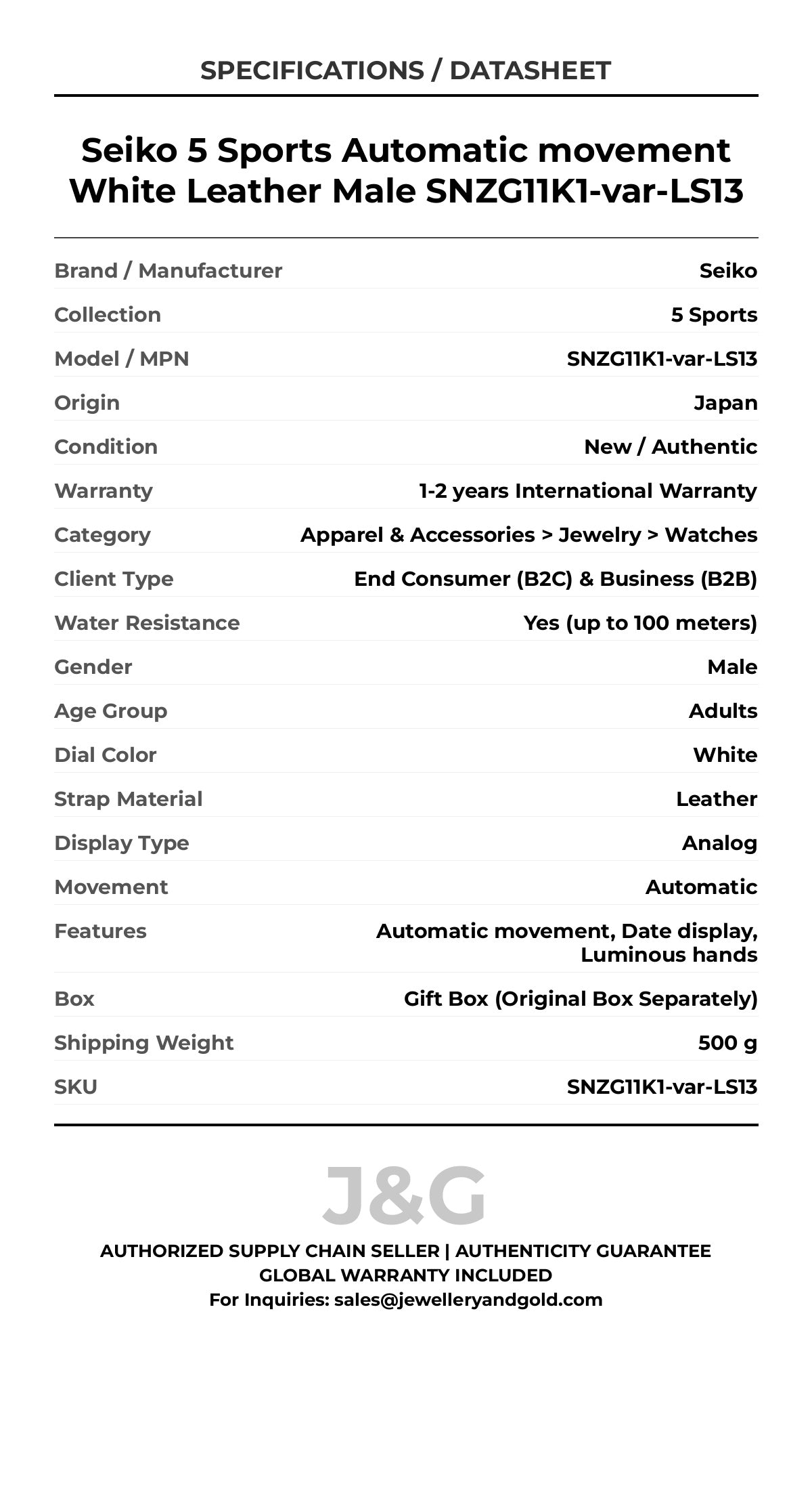 Seiko 5 Sports Automatic movement White Leather Male SNZG11K1-var-LS13 - Specifications