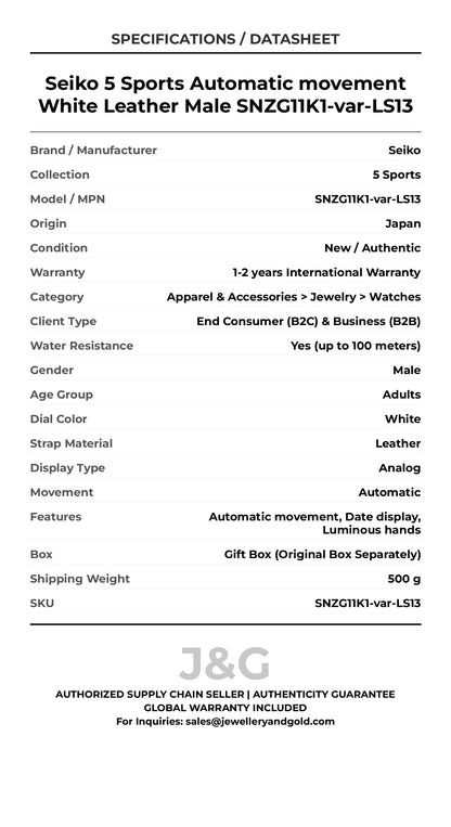 Seiko 5 Sports Automatic movement White Leather Male SNZG11K1-var-LS13 - Specifications