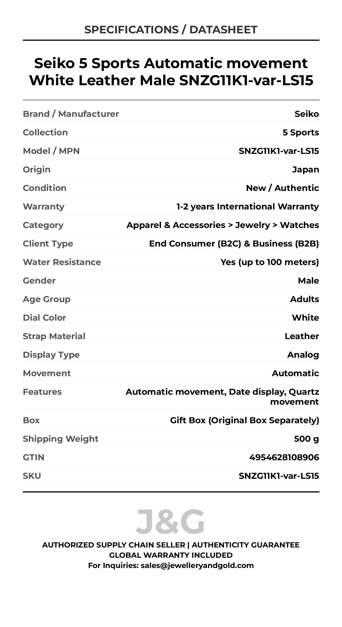 Seiko 5 Sports Automatic movement White Leather Male SNZG11K1-var-LS15 - Specifications