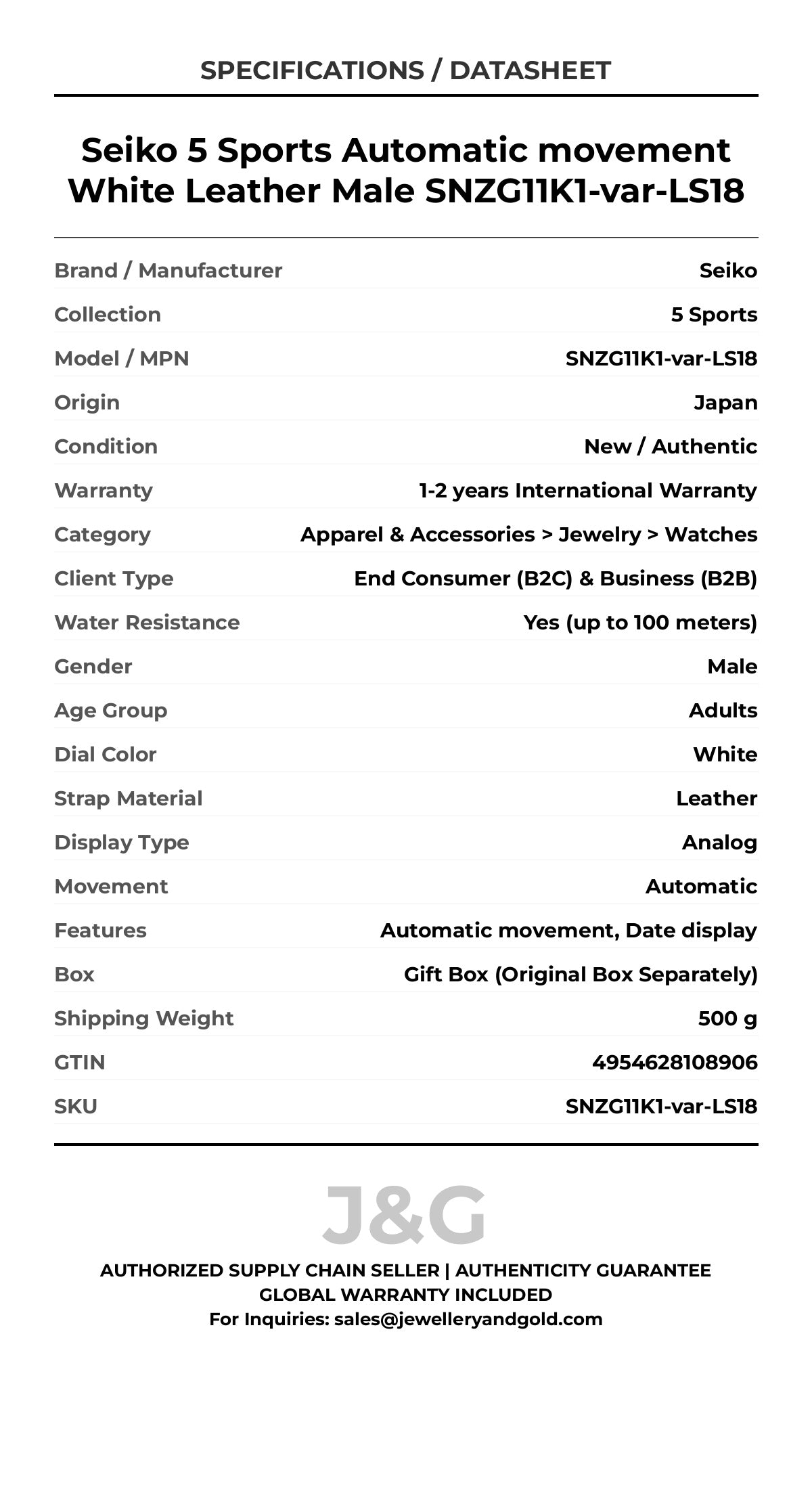 Seiko 5 Sports Automatic movement White Leather Male SNZG11K1-var-LS18 - Specifications