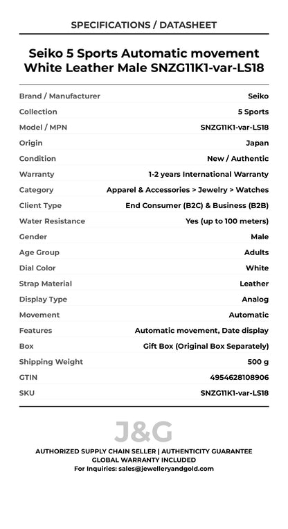 Seiko 5 Sports Automatic movement White Leather Male SNZG11K1-var-LS18 - Specifications