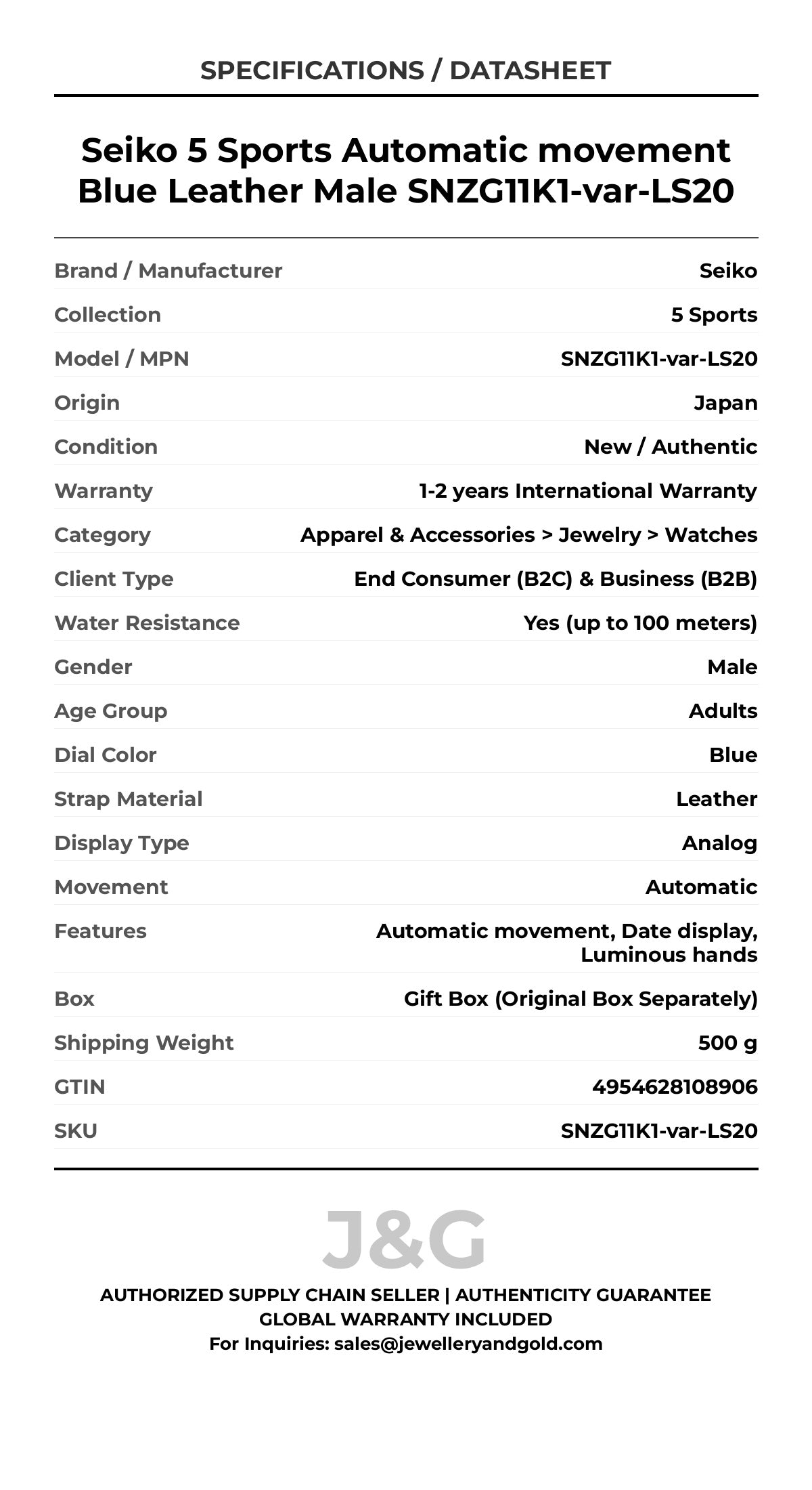 Seiko 5 Sports Automatic movement Blue Leather Male SNZG11K1-var-LS20 - Specifications