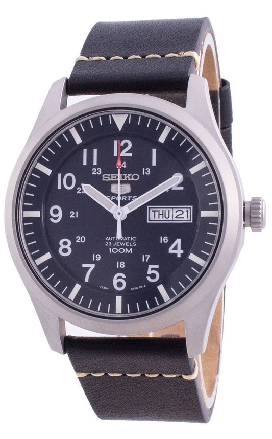 Seiko 5 Sports Automatic movement Blue Leather Male SNZG11K1-var-LS20. A brand-new Seiko 5 Sports watch featuring a Blue dial and a Leather strap. Side view.