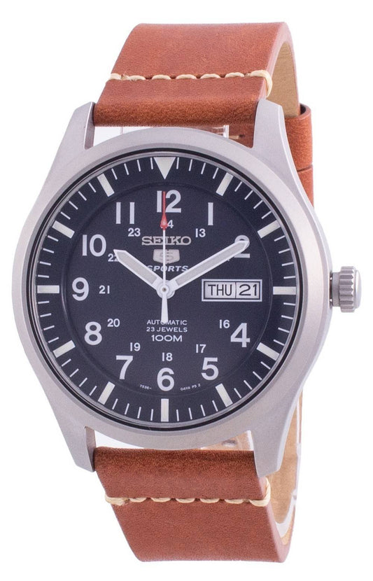 Seiko 5 Sports Automatic movement Blue Leather Male SNZG11K1-var-LS21. A brand-new Seiko 5 Sports watch featuring a Blue dial and a Leather strap. Front view.