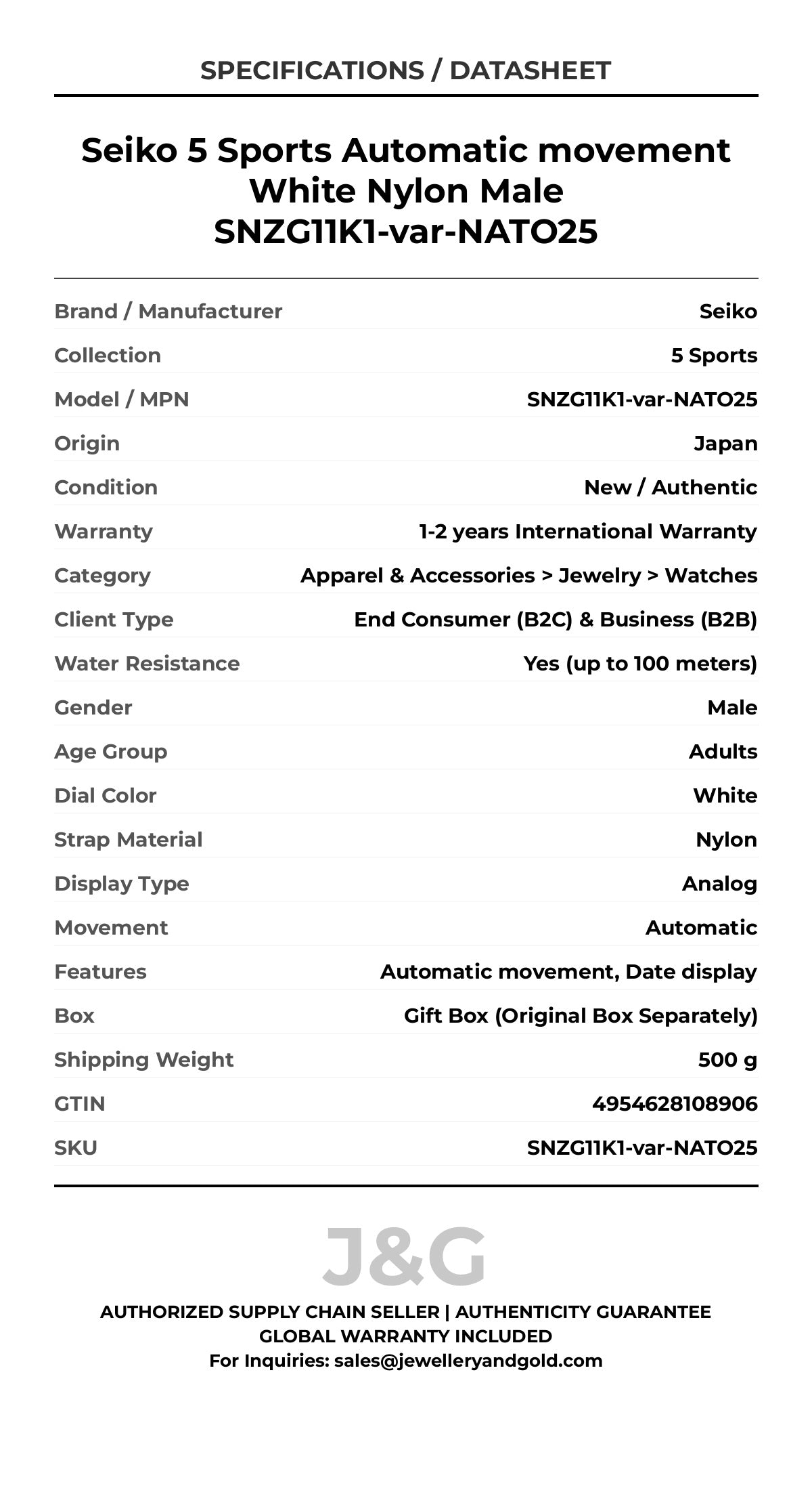 Seiko 5 Sports Automatic movement White Nylon Male SNZG11K1-var-NATO25 - Specifications