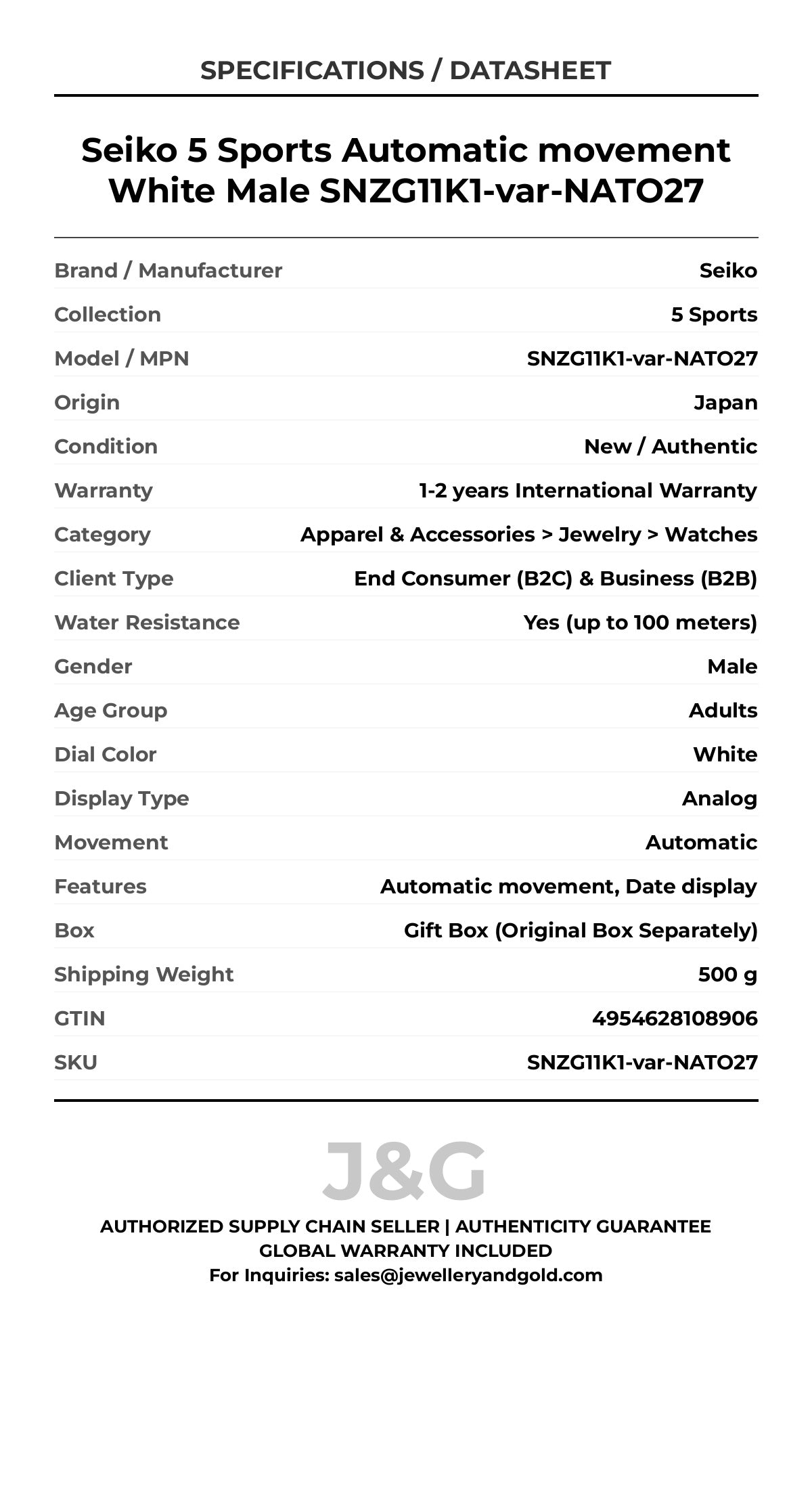 Seiko 5 Sports Automatic movement White Male SNZG11K1-var-NATO27 - Specifications