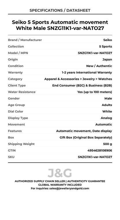 Seiko 5 Sports Automatic movement White Male SNZG11K1-var-NATO27 - Specifications
