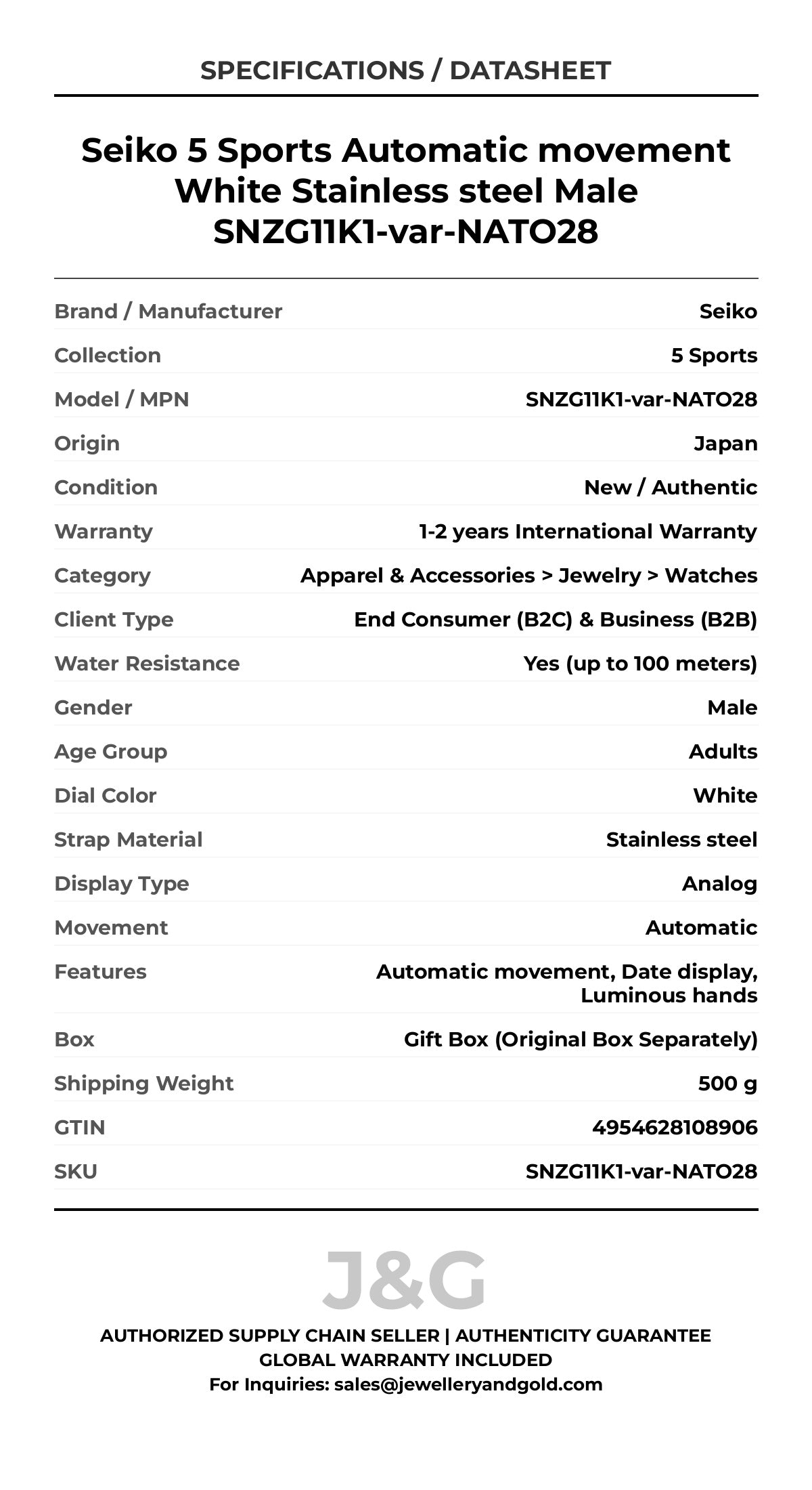 Seiko 5 Sports Automatic movement White Stainless steel Male SNZG11K1-var-NATO28 - Specifications