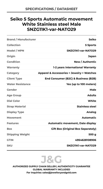Seiko 5 Sports Automatic movement White Stainless steel Male SNZG11K1-var-NATO29 - Specifications