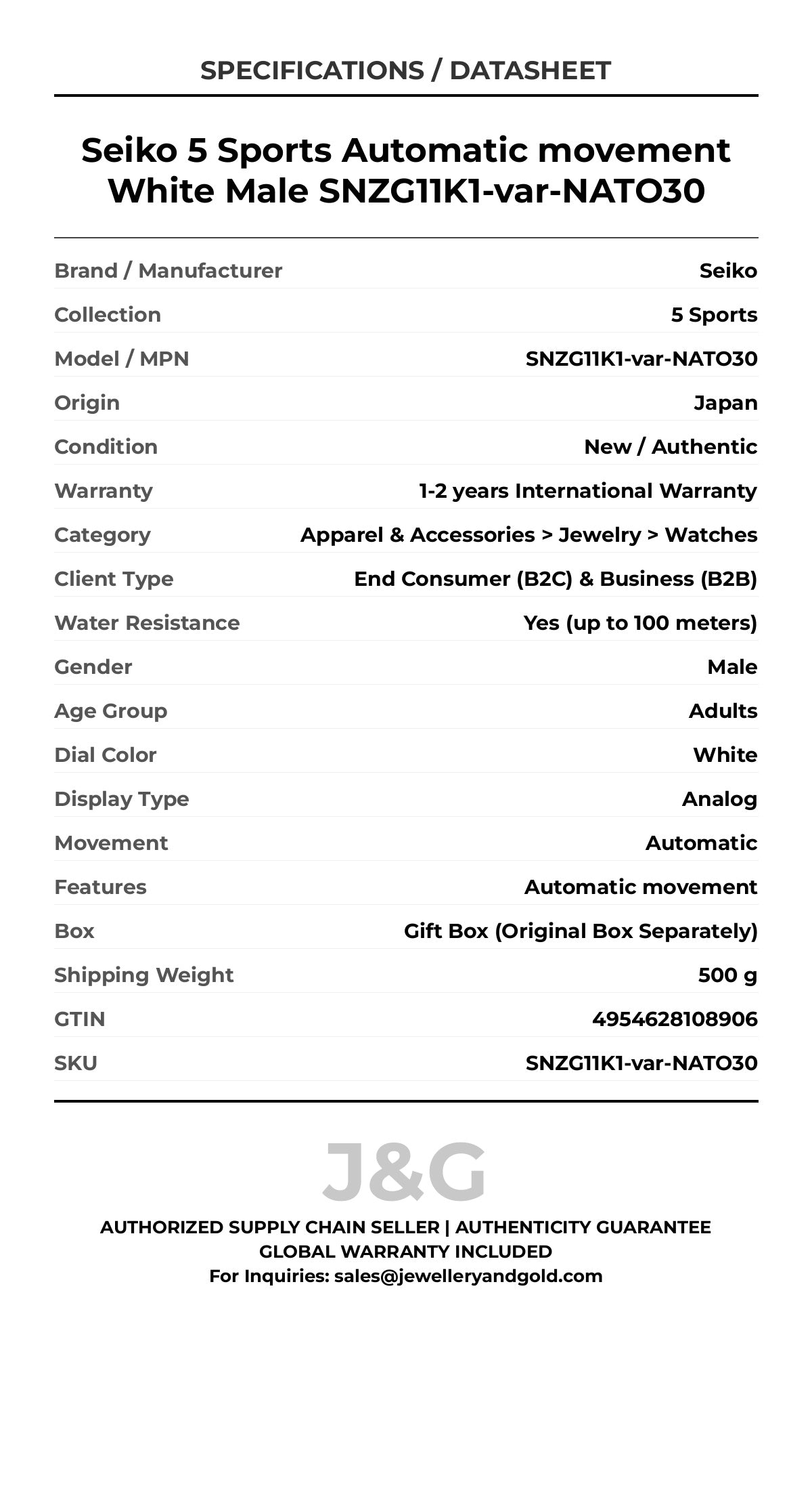 Seiko 5 Sports Automatic movement White Male SNZG11K1-var-NATO30 - Specifications