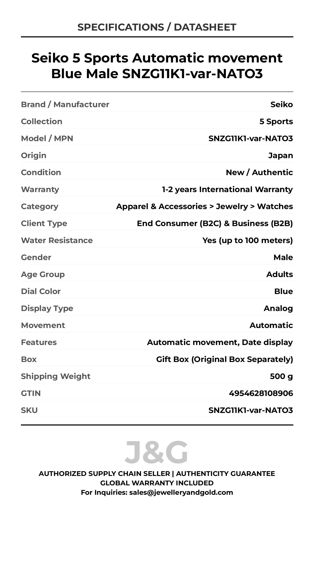 Seiko 5 Sports Automatic movement Blue Male SNZG11K1-var-NATO3 - Specifications