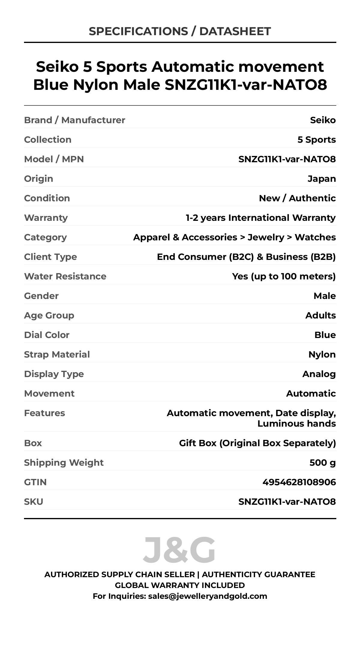 Seiko 5 Sports Automatic movement Blue Nylon Male SNZG11K1-var-NATO8 - Specifications