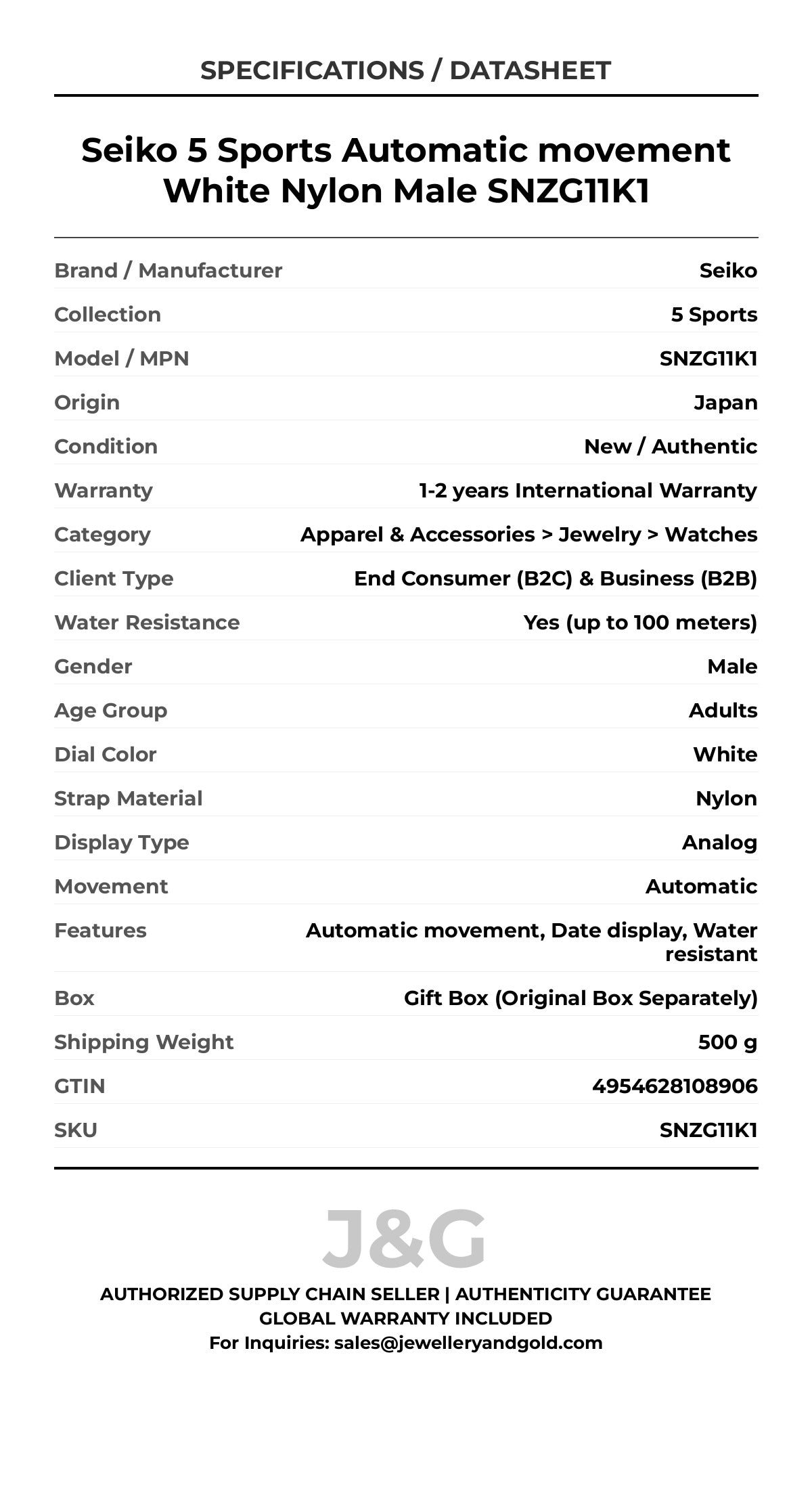 Seiko 5 Sports Automatic movement White Nylon Male SNZG11K1 - Specifications