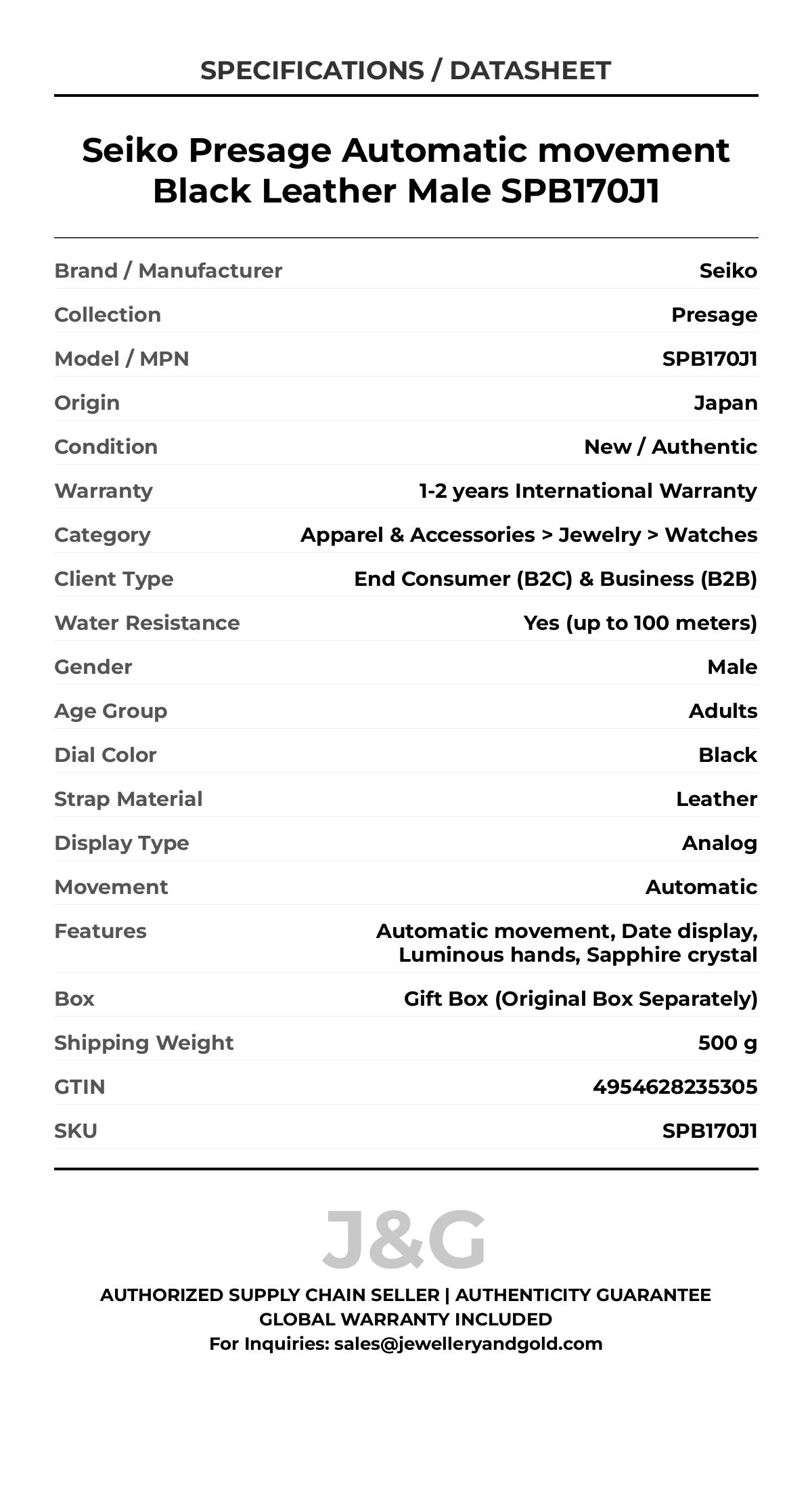 Seiko Presage Automatic movement Black Leather Male SPB170J1 - Specifications