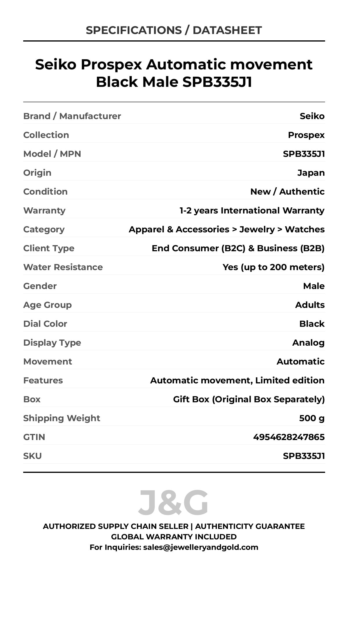 Seiko Prospex Automatic movement Black Male SPB335J1 - Specifications