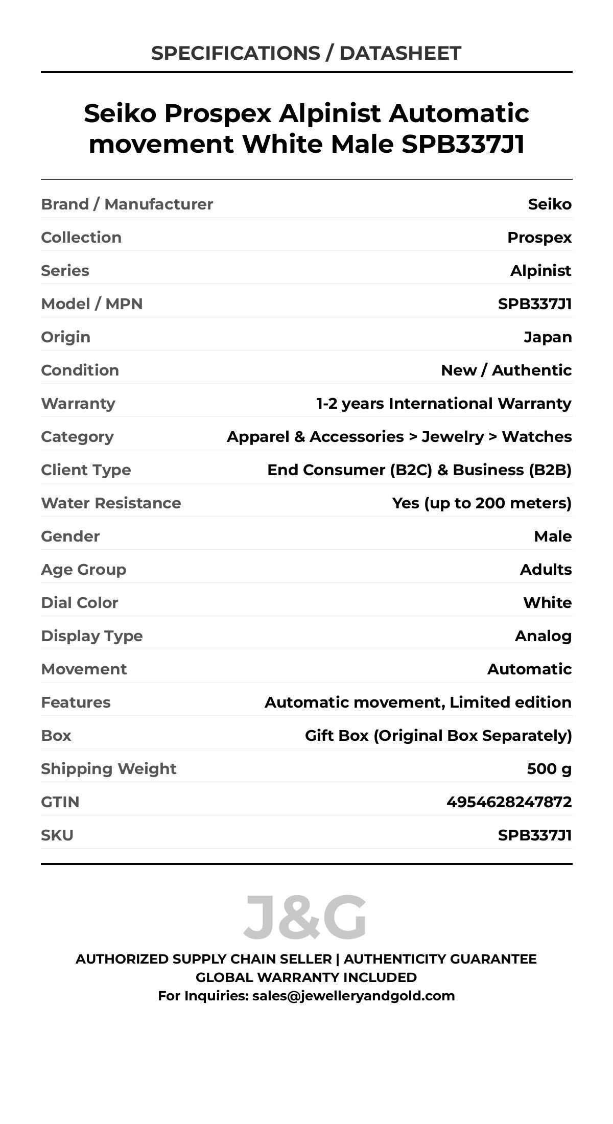 Seiko Prospex Alpinist Automatic movement White Male SPB337J1 - Specifications