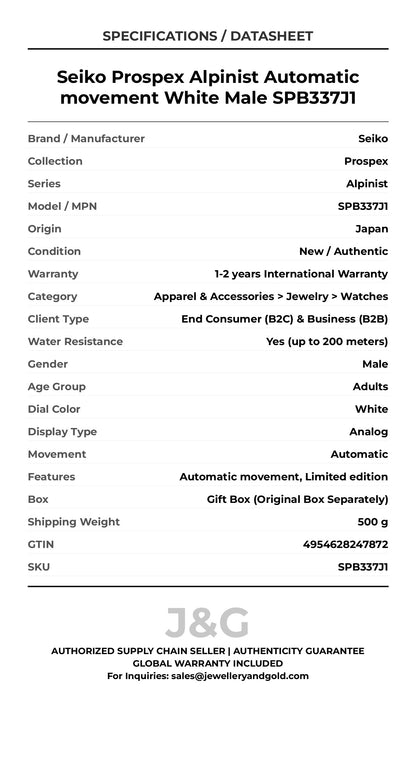 Seiko Prospex Alpinist Automatic movement White Male SPB337J1 - Specifications