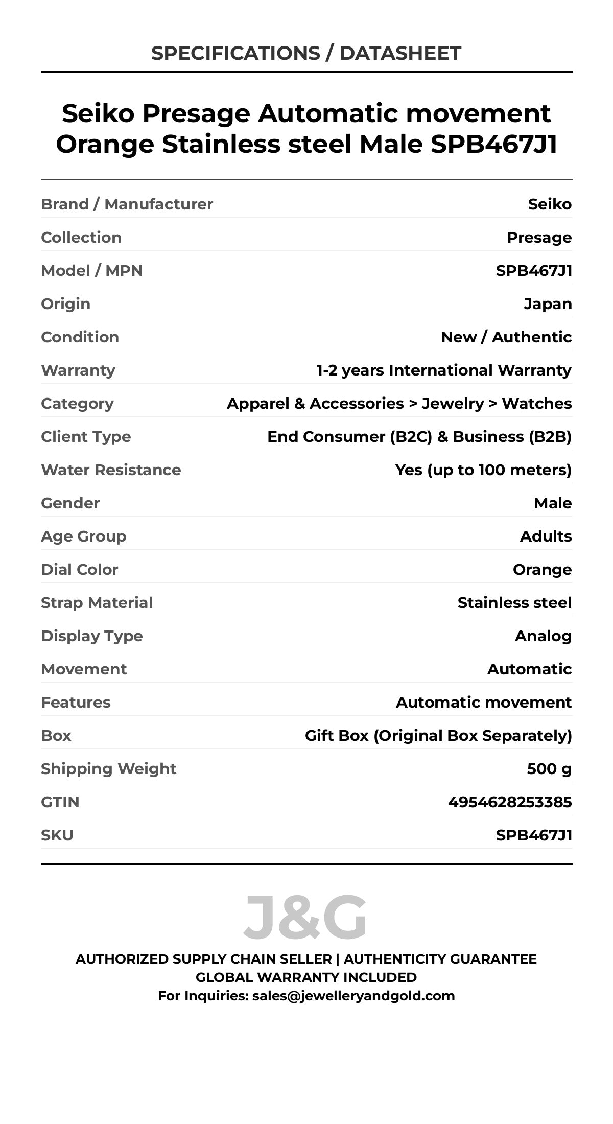Seiko Presage Automatic movement Orange Stainless steel Male SPB467J1 - Specifications