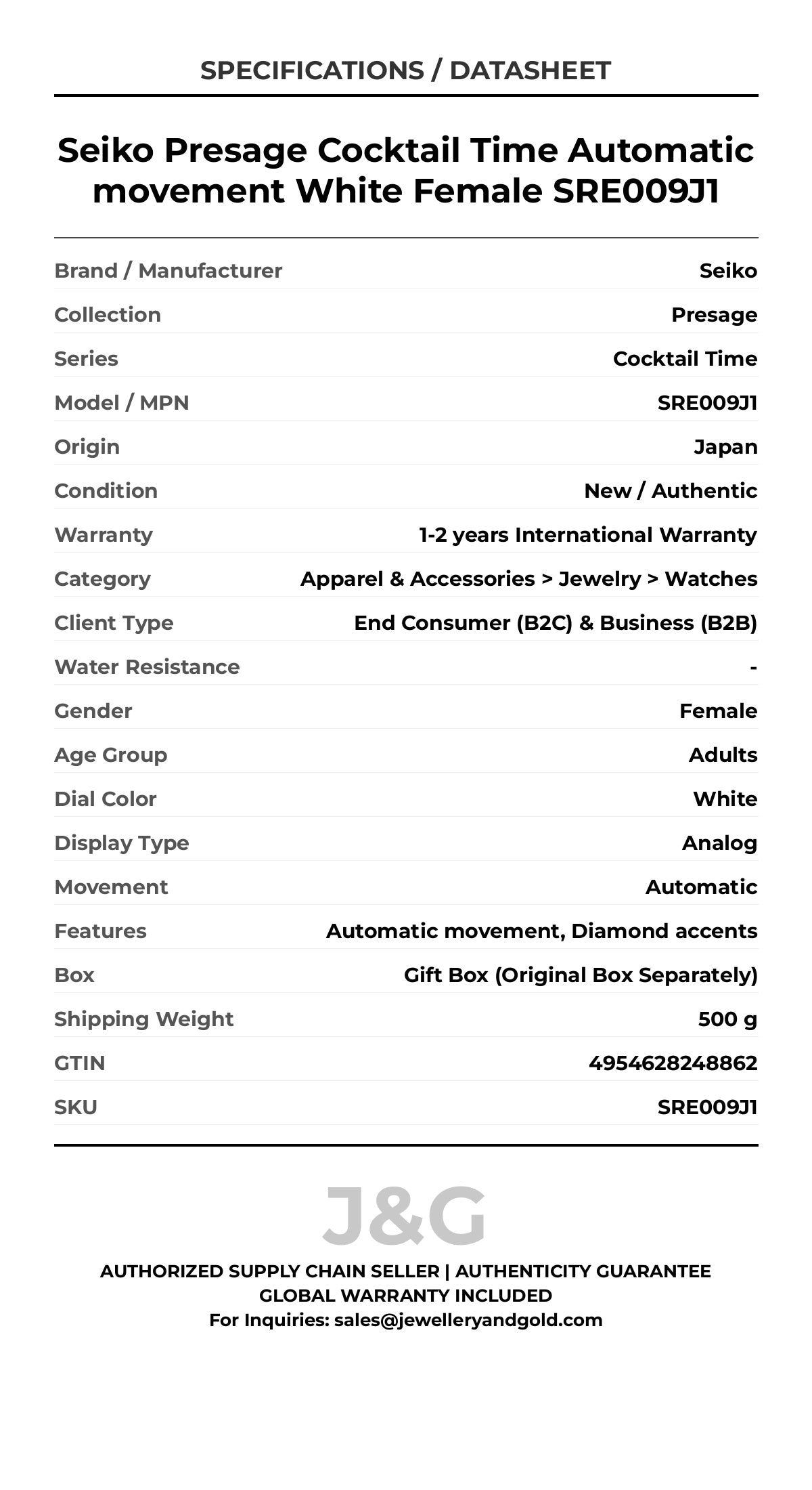 Seiko Presage Cocktail Time Automatic movement White Female SRE009J1 - Specifications