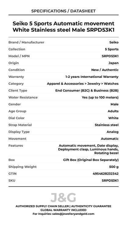 Seiko 5 Sports Automatic movement White Stainless steel Male SRPD53K1 - Specifications