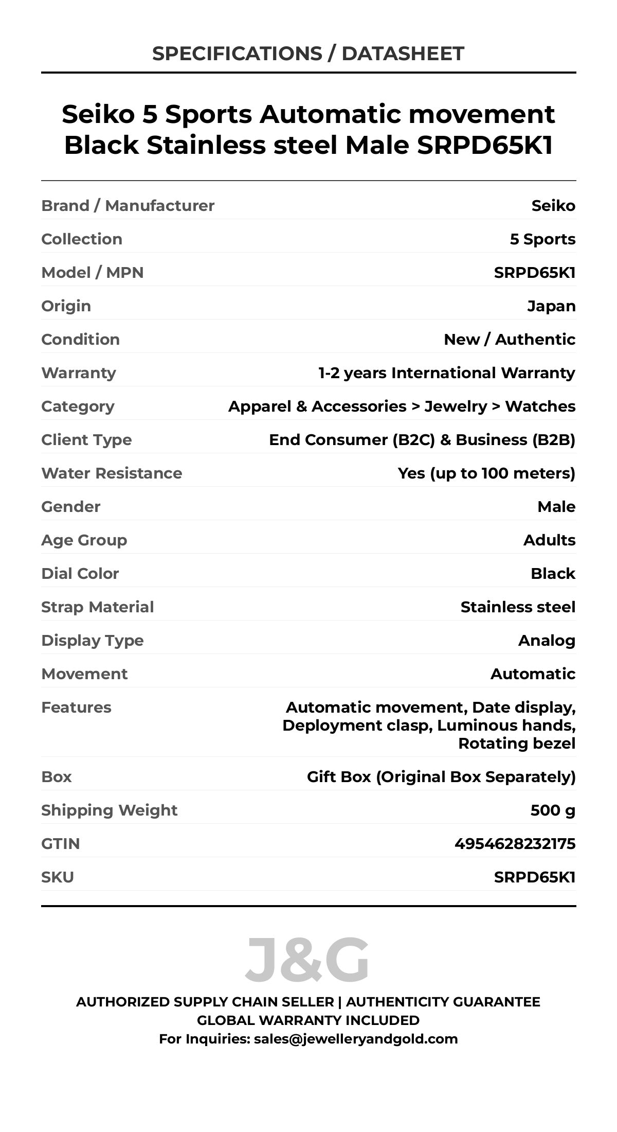 Seiko 5 Sports Automatic movement Black Stainless steel Male SRPD65K1 - Specifications