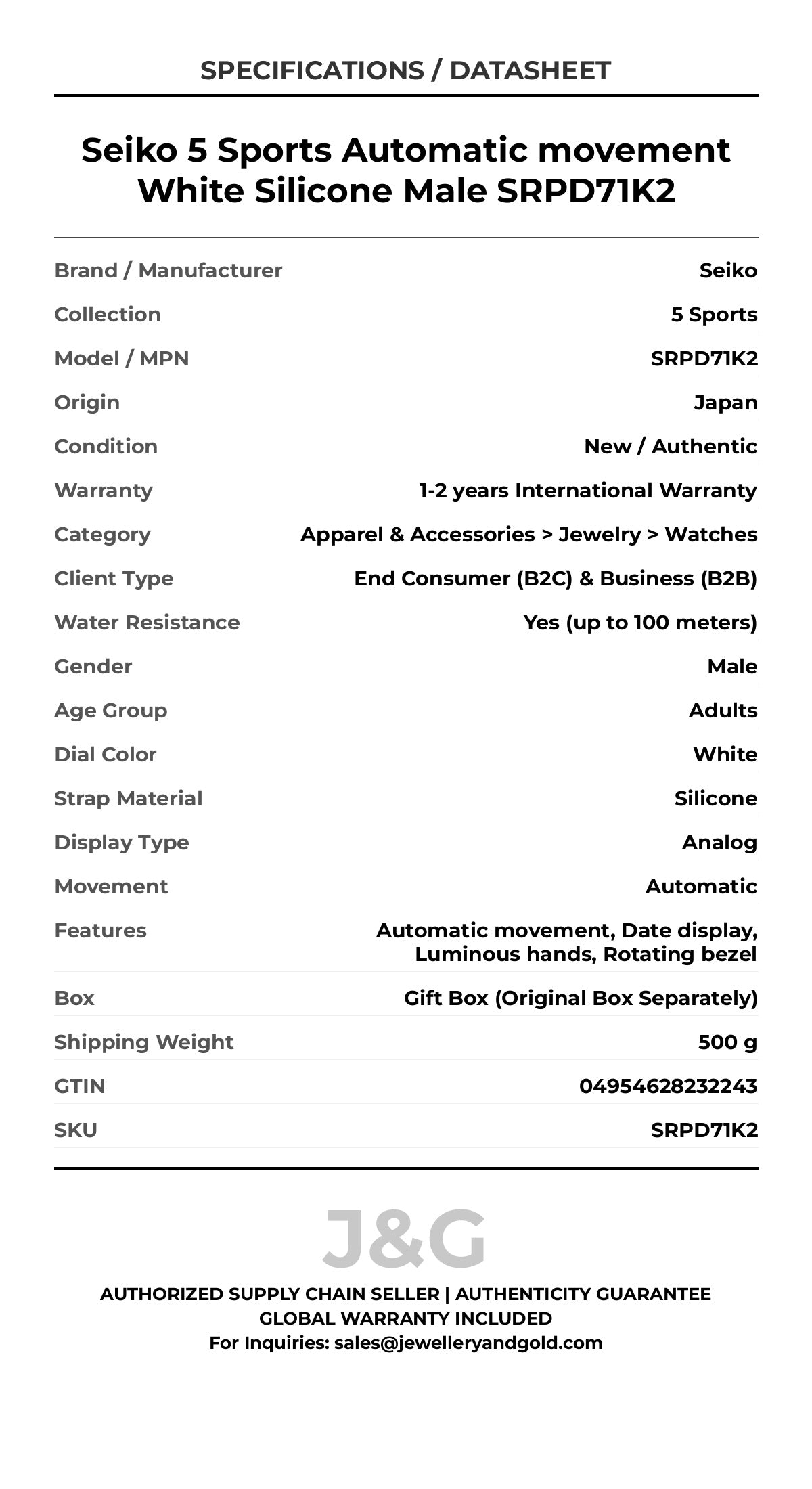 Seiko 5 Sports Automatic movement White Silicone Male SRPD71K2 - Specifications