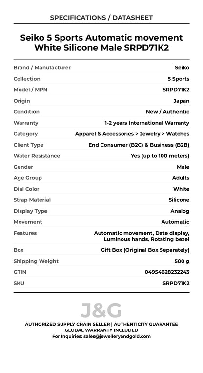 Seiko 5 Sports Automatic movement White Silicone Male SRPD71K2 - Specifications