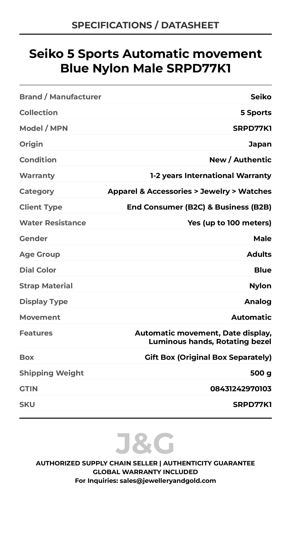 Seiko 5 Sports Automatic movement Blue Nylon Male SRPD77K1 - Specifications
