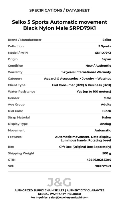 Seiko 5 Sports Automatic movement Black Nylon Male SRPD79K1 - Specifications