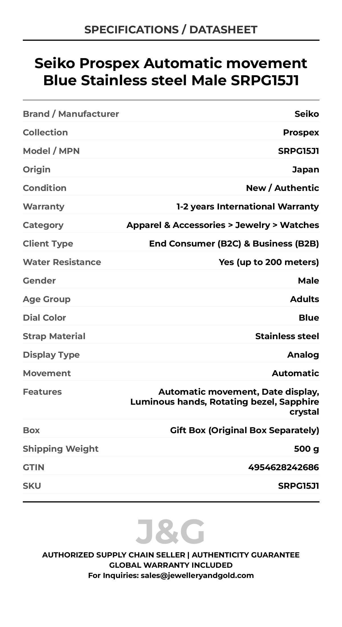 Seiko Prospex Automatic movement Blue Stainless steel Male SRPG15J1 - Specifications